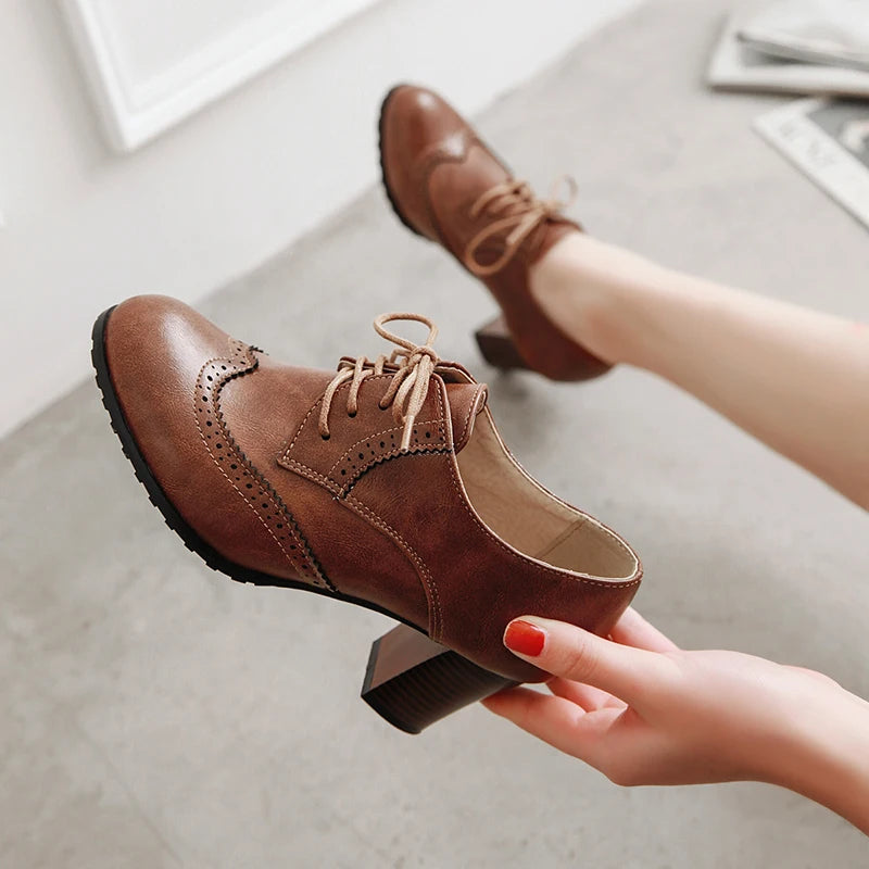 2023 Autumn Women Oxford Lace Up Shoes Vintage Round Toe Women Ankle Boots England Style high heels Ladies Chaussure femme 42 43
