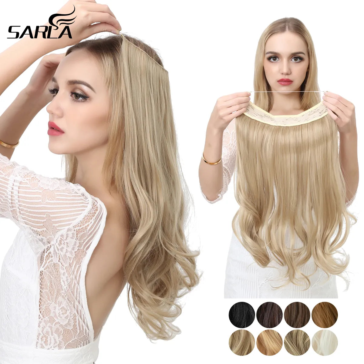 Synthetic No Clip Wave Hair Extensions Ombre Natural Black Blonde Pink One Piece False Hairpiece Fish Line Fake Hair Piece